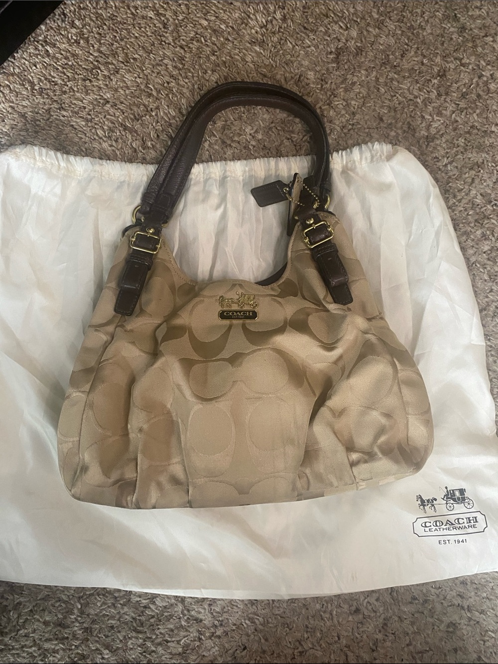 Coach Khaki Signature Canvas Shoulder Bag with Dark Brown Leather Trim